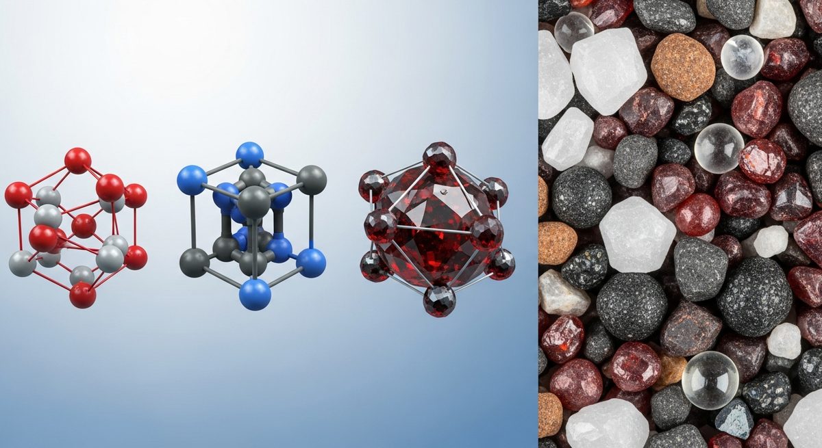 Struktury krystaliczne materiałów ściernych - korund, węglik krzemu, garnet - i mieszanina ziaren ściernych w powiększeniu makro